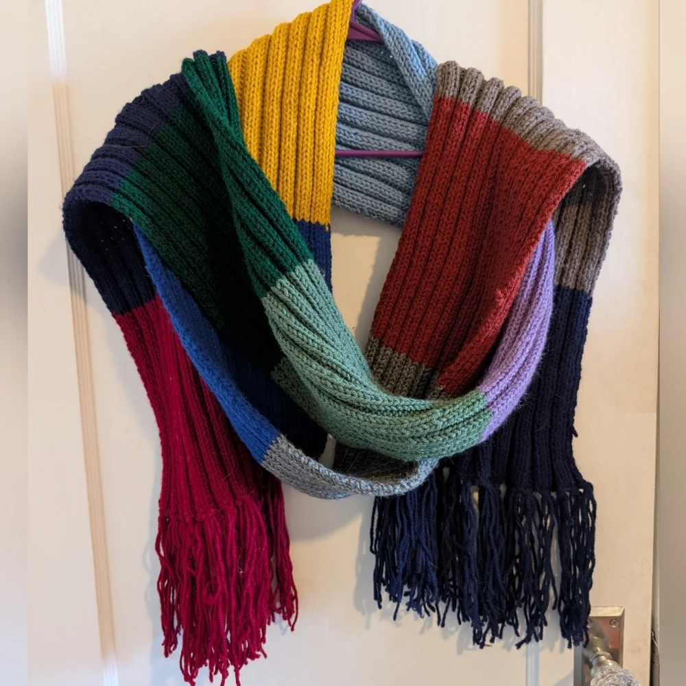 Hand Knit Ribbed Dr. Who Style Color Block Scarf With Fringe